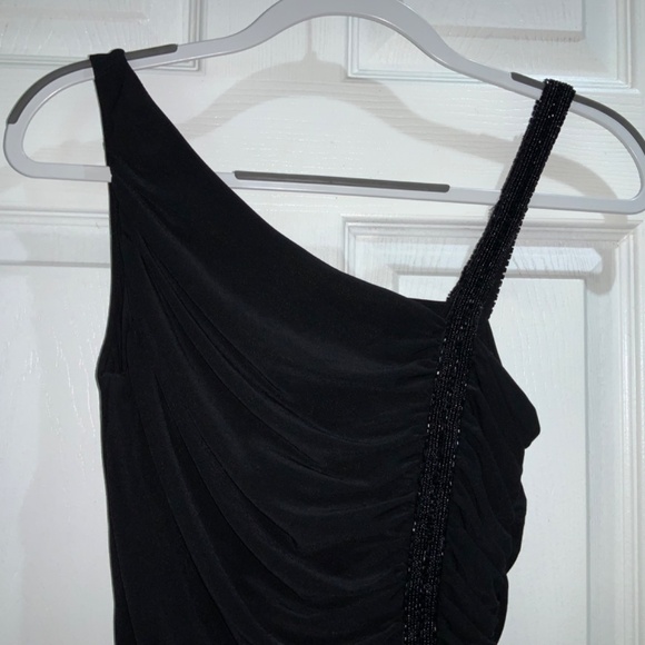 Lauren Ralph Lauren Evening black beaded Bodycon dress Sz 6 asymmetrical straps - Picture 2 of 6